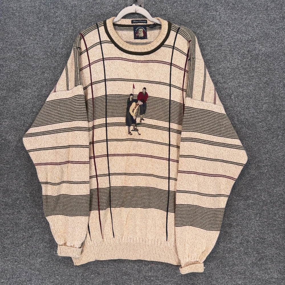 Vintage Salty Dog Gant Sweater Mens 3XT Beige Golf Embroidered Stripe Cotton 90s